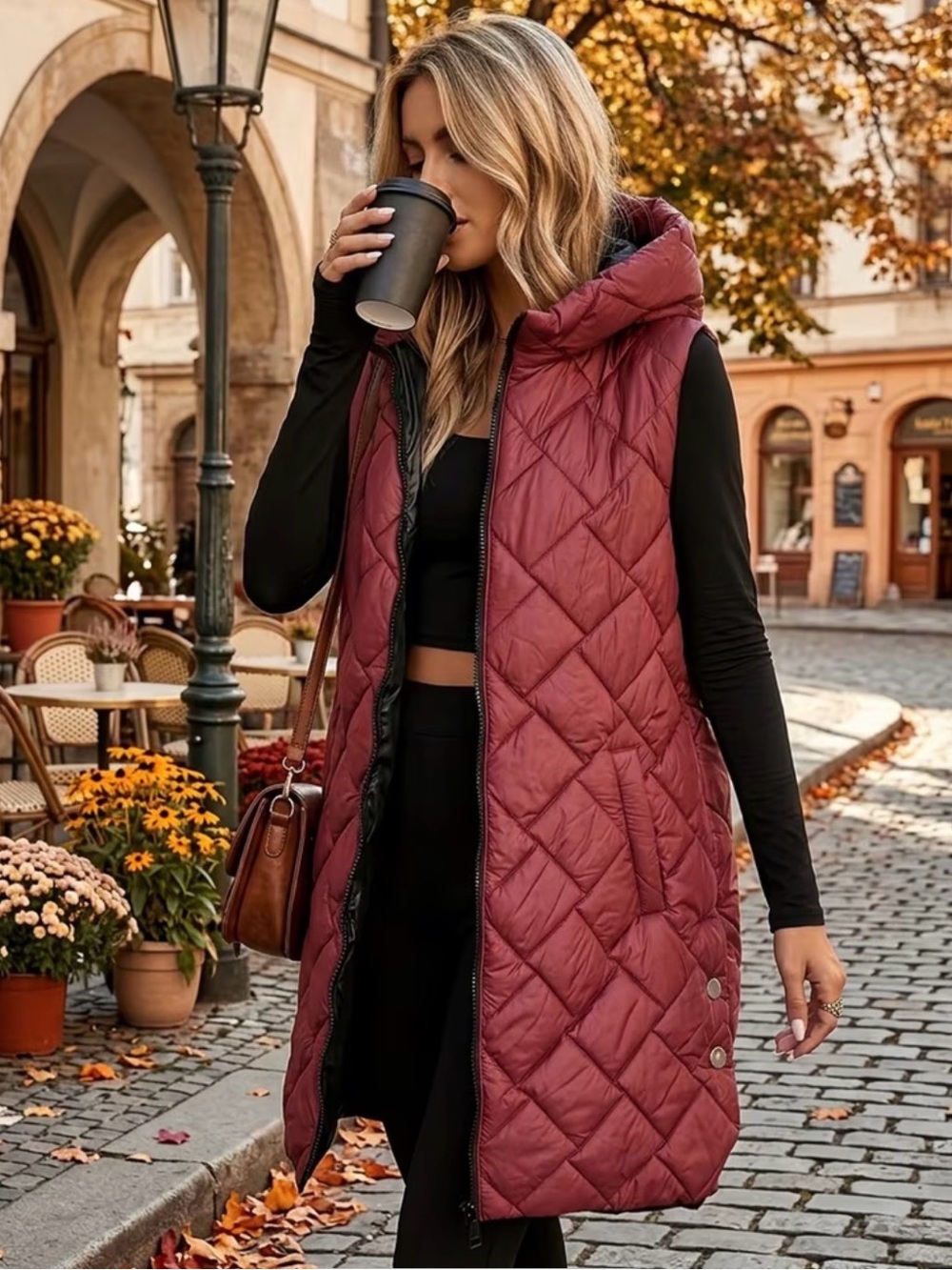 New Dark Red Quilted Midi Vest with Hood Large
